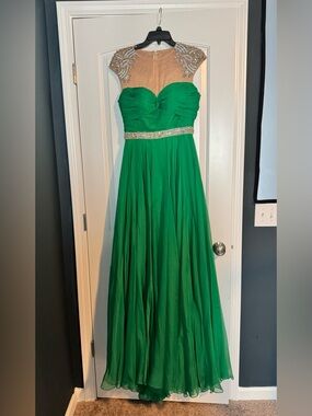 Green Evening Gown with Beaded Illusion Neckline